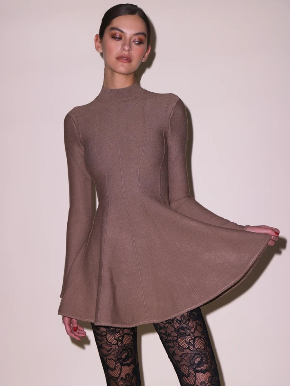 Fleur du Mal Brown Long-Sleeve Fit-and-Flare Mini Dress